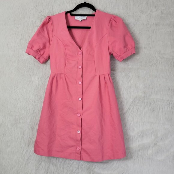 L'Academie Calypso Coral Pink Short Sleeve Violet Button Down Mini Dress Small - Picture 2 of 15